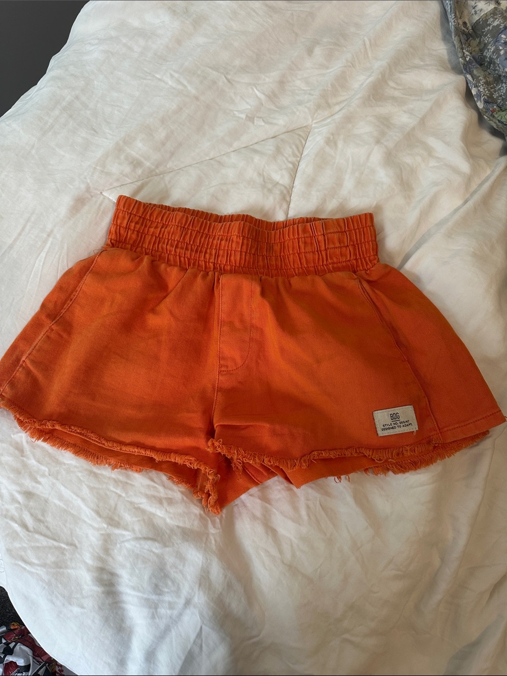 BDG Orange Smocked-Waist Athletic Shorts with Frayed Hem